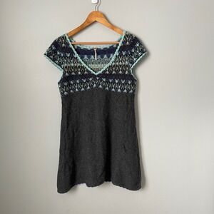 Free People Wool Knit Fair Isle Sweater Dress Teal Blue Charcoal Gray Size Large